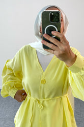 Büzgülü Balon Kollu Kemer Detaylı Bluz ve Geniş Paça Pantolonlu İkili Takım 8882 - Sarı